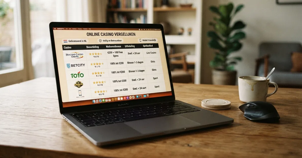 Een overzichtelijke online casino-vergelijkingstabel met bonuspercentages en sterbeoordelingen, helder verlicht en overzichtelijk vormgegeven
