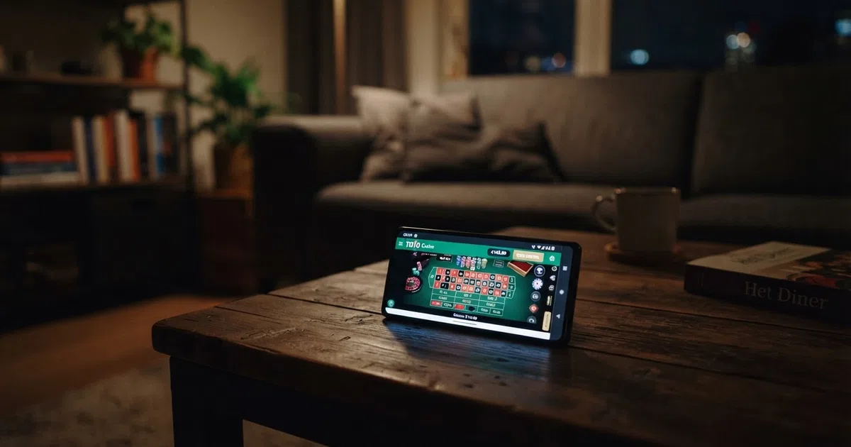 Een smartphone met een Nederlandse online casino-interface, de klok in het scherm geeft 03:00 aan, op de achtergrond een donkere kamer met alleen het scherm als lichtbron