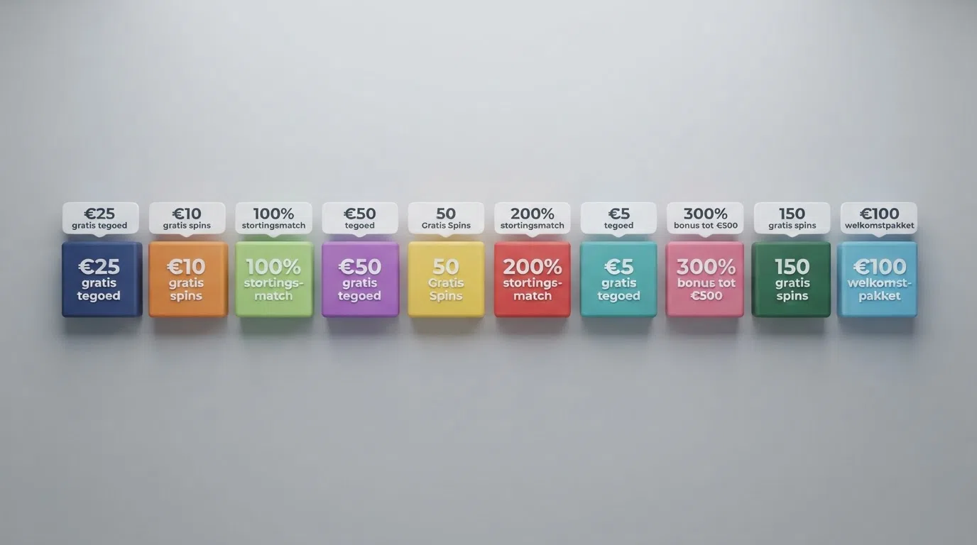 Een overzichtelijke vergelijking van Nederlandse casino-logo's met hun welkomstbonus in een gestileerde kaartweergave, gerangschikt van no-deposit naar stortingsbonus.