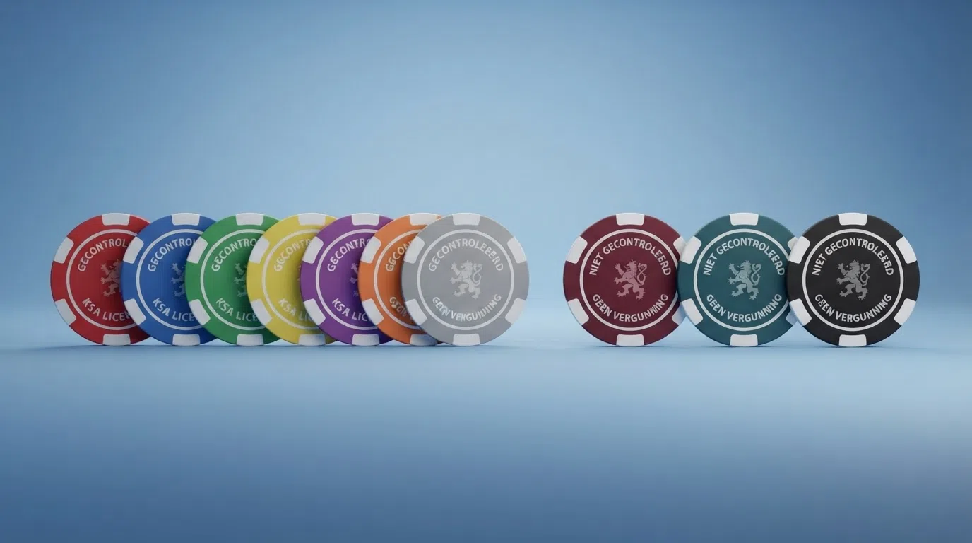 een overzichtelijke vergelijkingstabel met de logo's van de besproken casino's, gesplitst in KSA-vergund en offshore