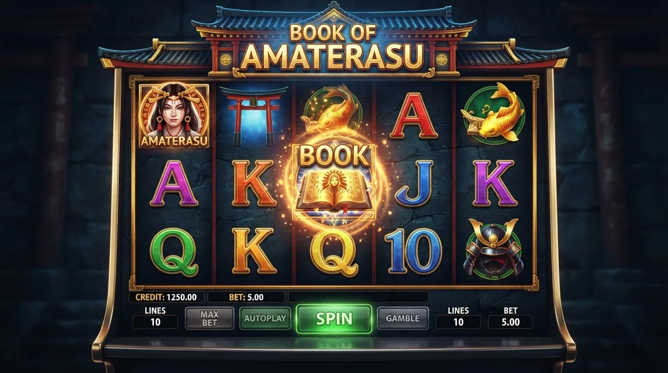 De Amatic-slot Book of Aztec in volledig scherm op een smartphone, met de 5 rollen en het boek-symbool zichtbaar