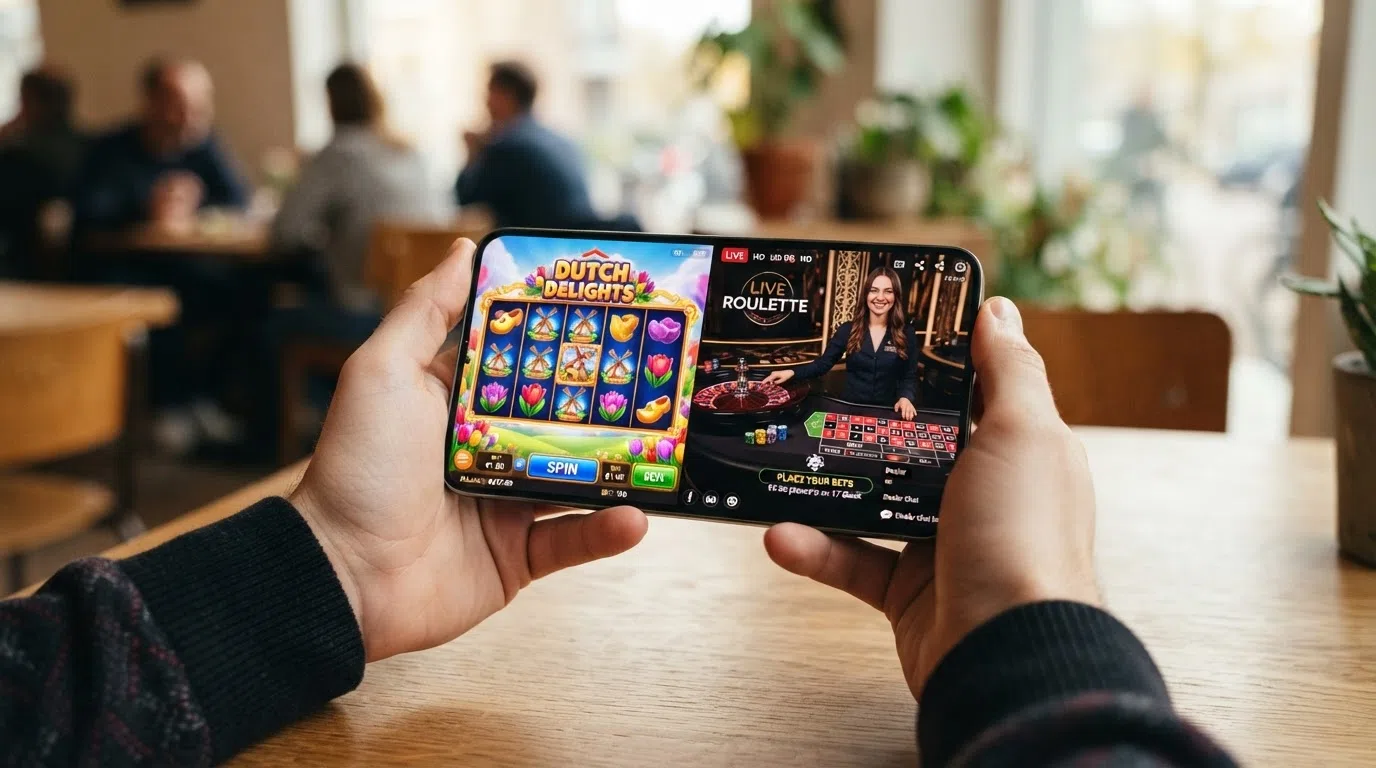 Een Android-telefoon in landscape-modus met links een kleurrijke gokkast (Book of Dead) en rechts een live roulettetafel met een echte dealer in beeld