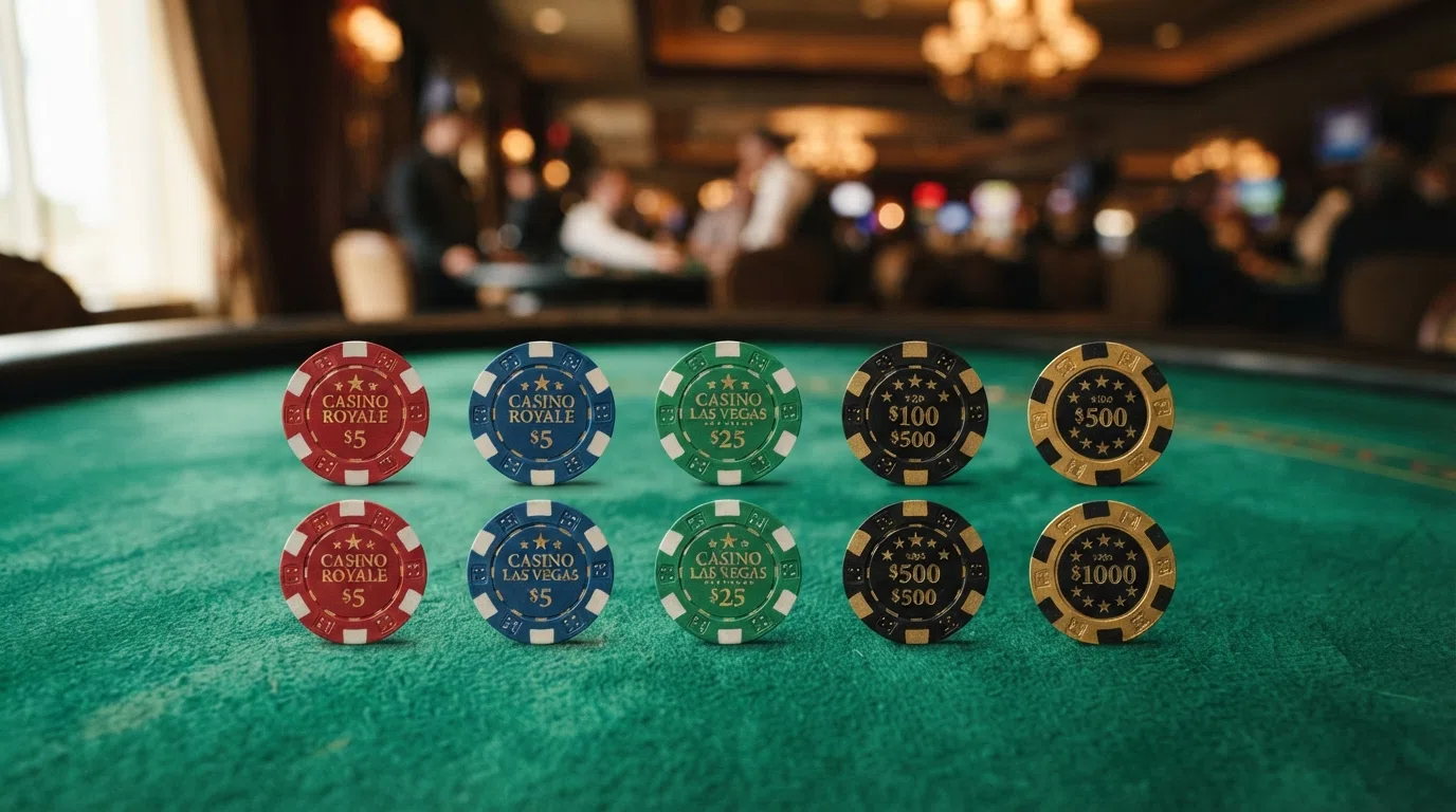 Een overzichtelijke rij van tien speelkaarten of fiches, elk met een ander casinologo, gerangschikt op een groen speelveld.