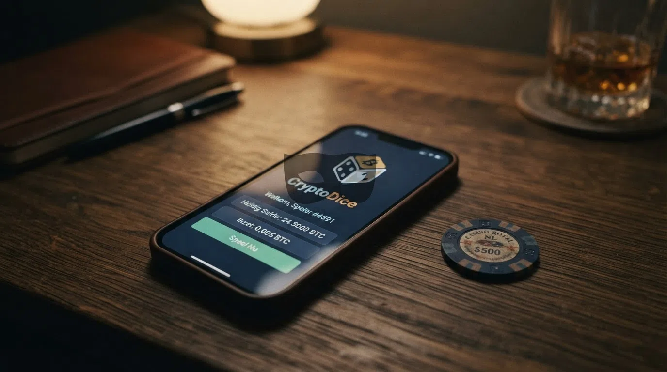 Een smartphone met een crypto-wallet-app open naast een casinovenster, met een anonimiteitsmasker-icoon dat half transparant is