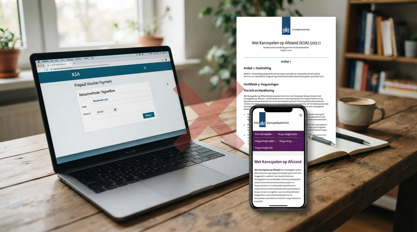 Een screenshot van de Kansspelautoriteit-website naast een AstroPay-betaalscherm, met een rood kruis dat de verbinding tussen beide markeert, op de achtergrond het juridische document van de Wet Kansspelen op Afstand