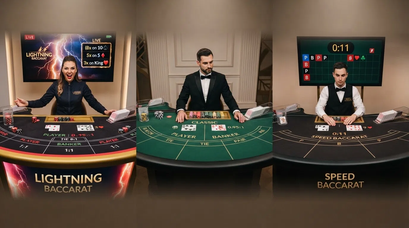 Een splitscreen of collage van drie baccarat-tafels met verschillende interfaces: Lightning Baccarat met vermenigvuldigers, een klassieke tafel en een Speed Baccarat-interface met timer