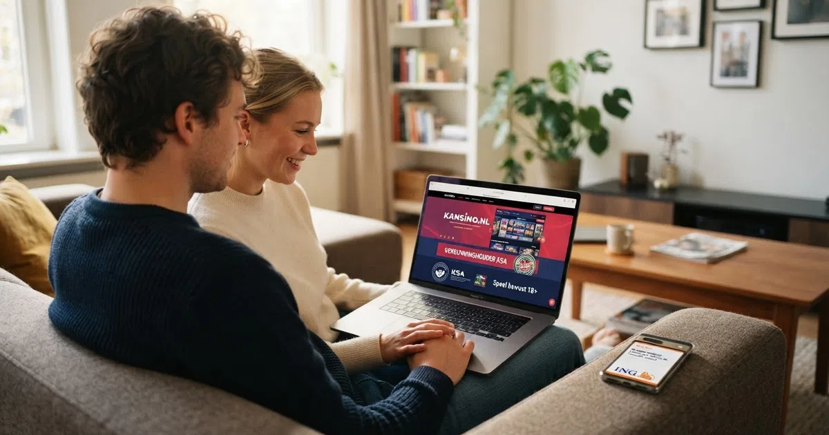 Een Nederlands stel bekijkt op een laptop een online casino met een KSA-keurmerk, terwijl op een smartphone ernaast een bankoverschrijving-bevestiging van een Nederlandse bankapp zichtbaar is.