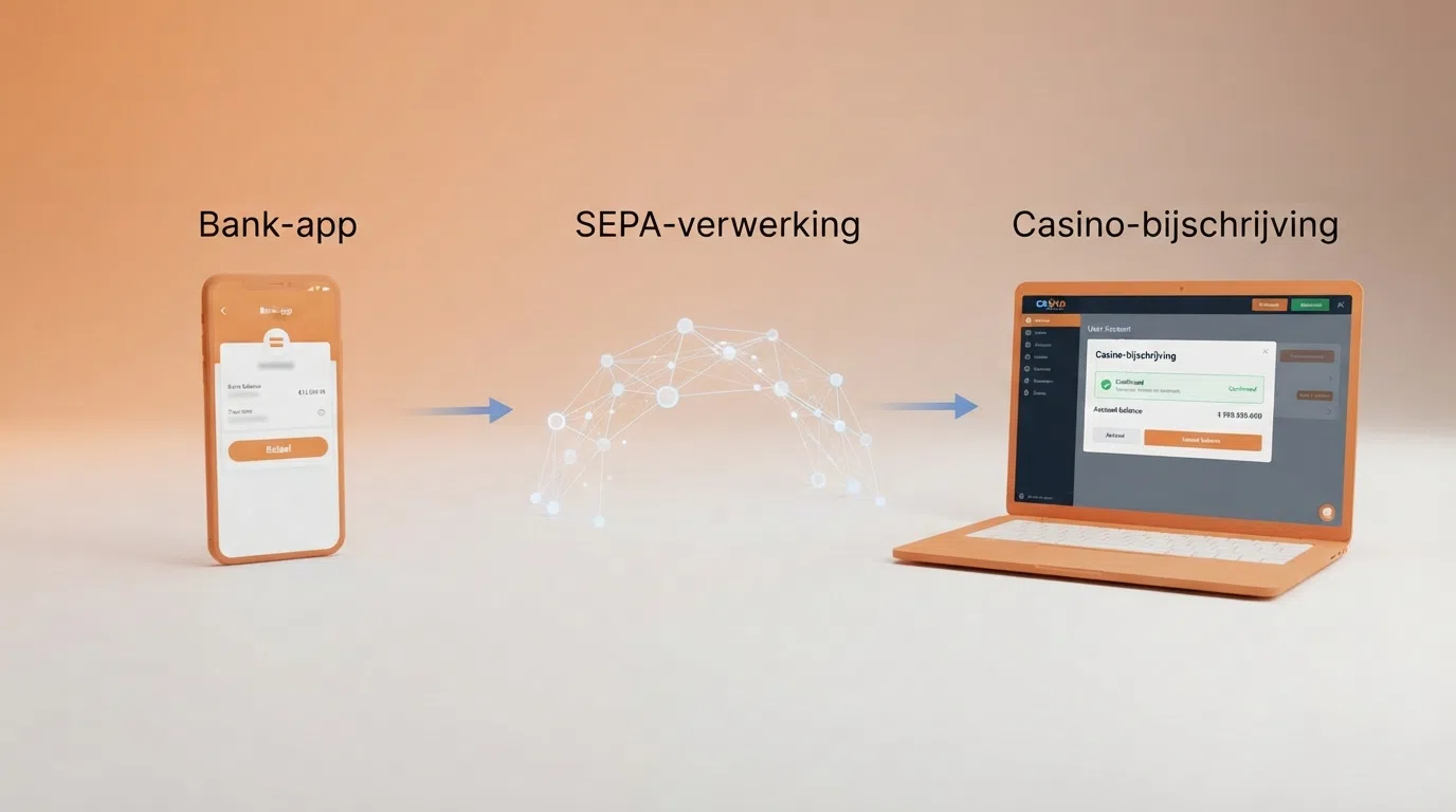Een visuele tijdlijn die de stappen van een casinostorting via bankoverschrijving toont: bank-app → SEPA-verwerking → casino-bijschrijving, met bij elke stap de bijbehorende verwerkingstijd