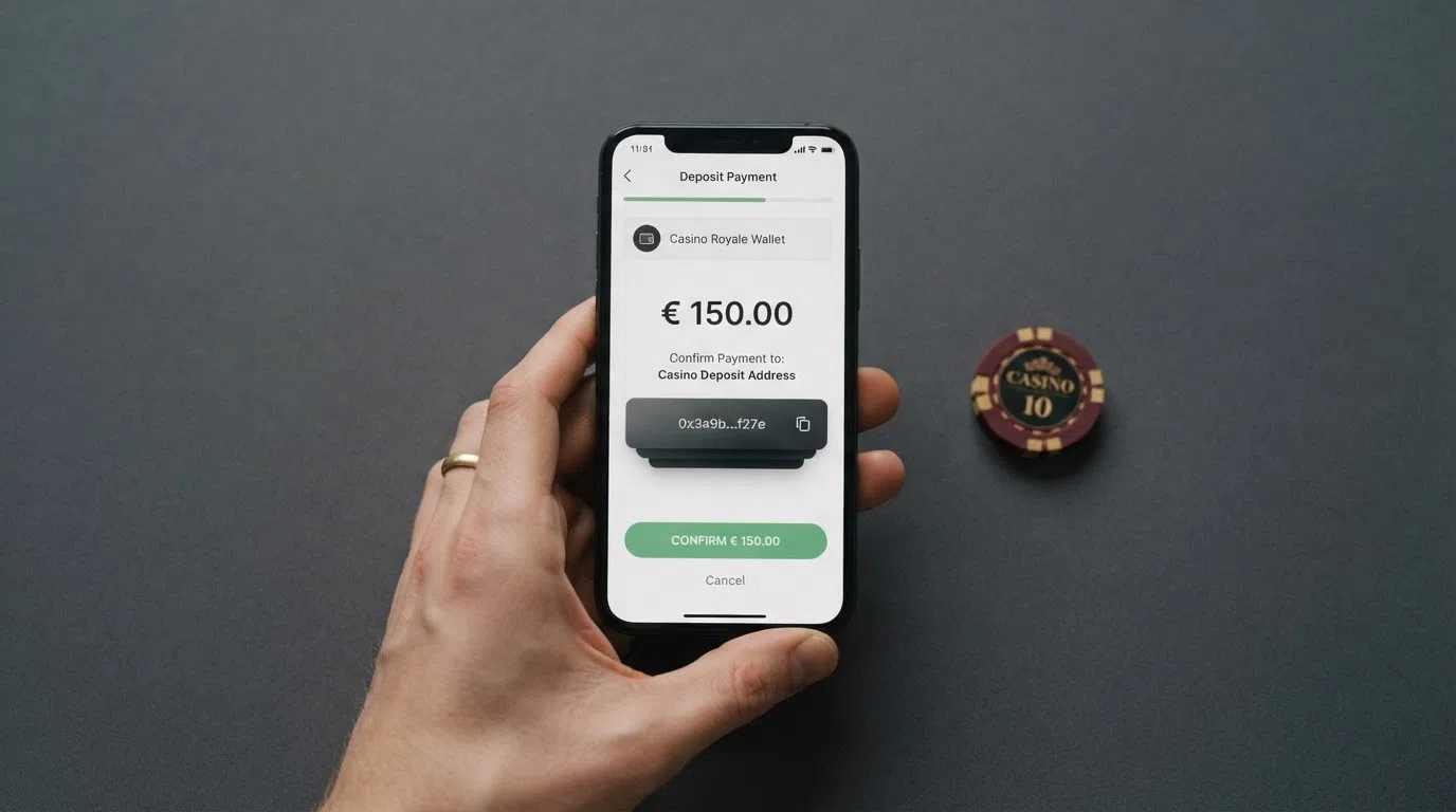 Een smartphone toont een Bitcoin Cash-transactie naar een casino-stortingsadres met het bevestigingsscherm