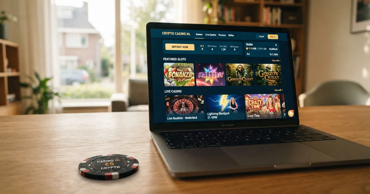Een laptopscherm met een crypto casino interface waarop bitcoin stortingsopties, een spelbibliotheek met slots en live casino tegels zichtbaar zijn