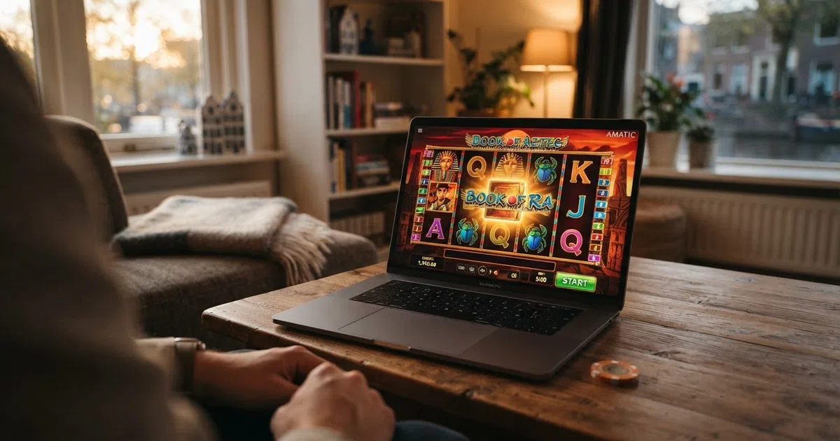 Een Nederlands online casino-interface met Amatic gokkasten in het spelmenu, zichtbaar op een laptopscherm met een iDEAL-betaalknop