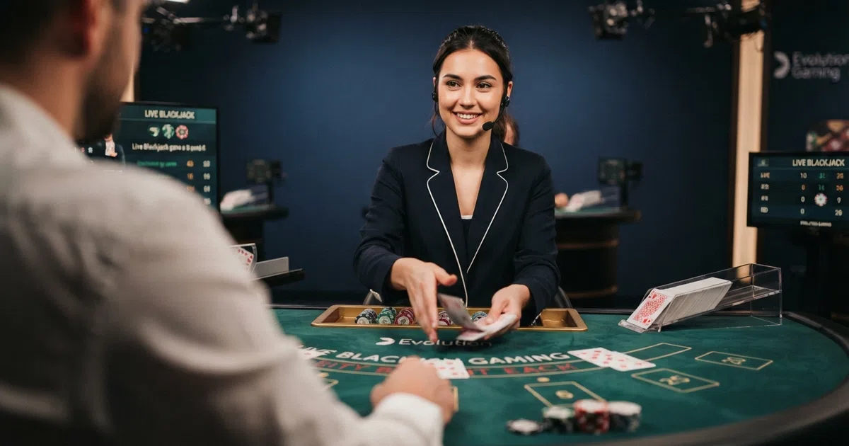 Een live dealer aan een Evolution Gaming-tafel met een HD-cameraopstelling in een professionele studio