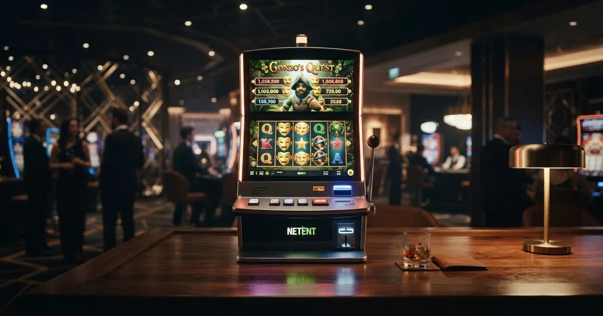 Het NetEnt-logo op een donkere achtergrond met herkenbare slots uit de catalogus op de voorgrond
