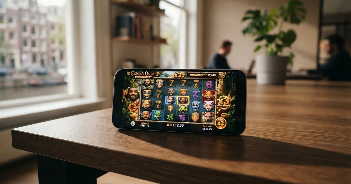 Het logo van Red Tiger Gaming op een donkere achtergrond met felgekleurde gokautomaten op de voorgrond