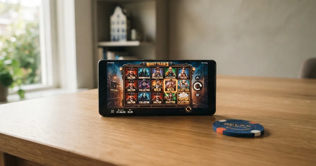 Het logo van Relax Gaming naast een scherm met Nederlandse KSA-vergunde casino-interface en een uitgelichte slot zoals Money Train 4