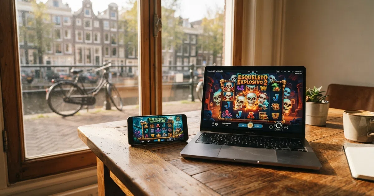 Een houten tafel met daarop een open laptop en een smartphone die kleurrijke Thunderkick-slots tonen, op de achtergrond een Nederlands stadsgezicht