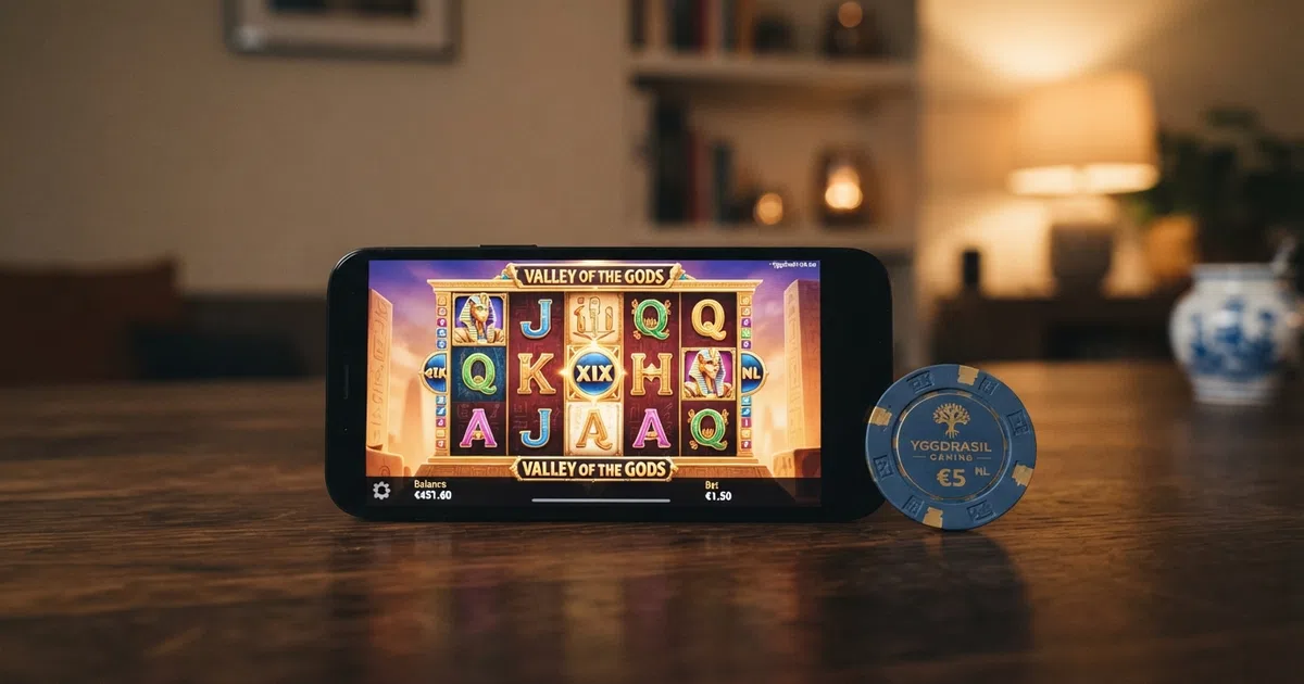 Tien Nederlandse online casino-logo's op een rij naast het Yggdrasil-logo, met een KSA-keurmerk in beeld