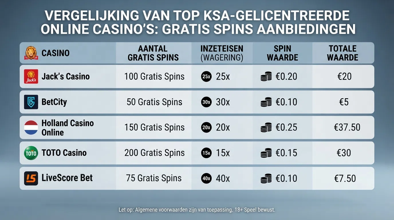Overzicht van KSA-erkende online casino's met hun welkomstbonussen en gratis-spinsaantallen in een vergelijkend overzicht