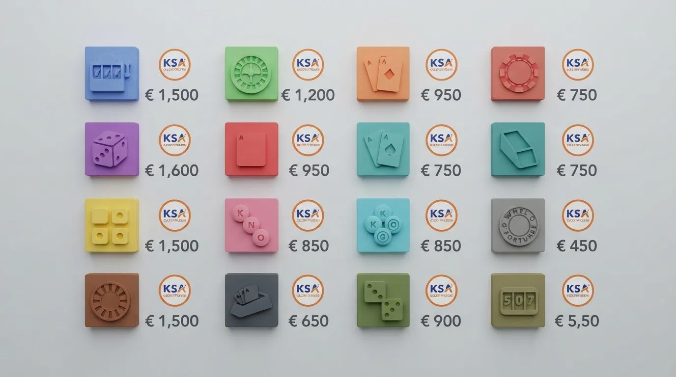 Een overzichtelijke rasterweergave van casino-logo's met daarnaast een KSA-keurmerk en bonusbedragen in euro's