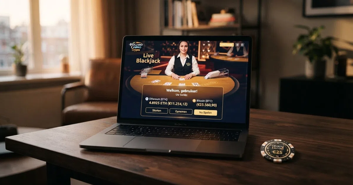 Een dashboard-overzicht van een crypto casino-interface op een laptop, met zichtbaar crypto-saldo in Bitcoin en Ethereum en een live dealer-tafel op de achtergrond
