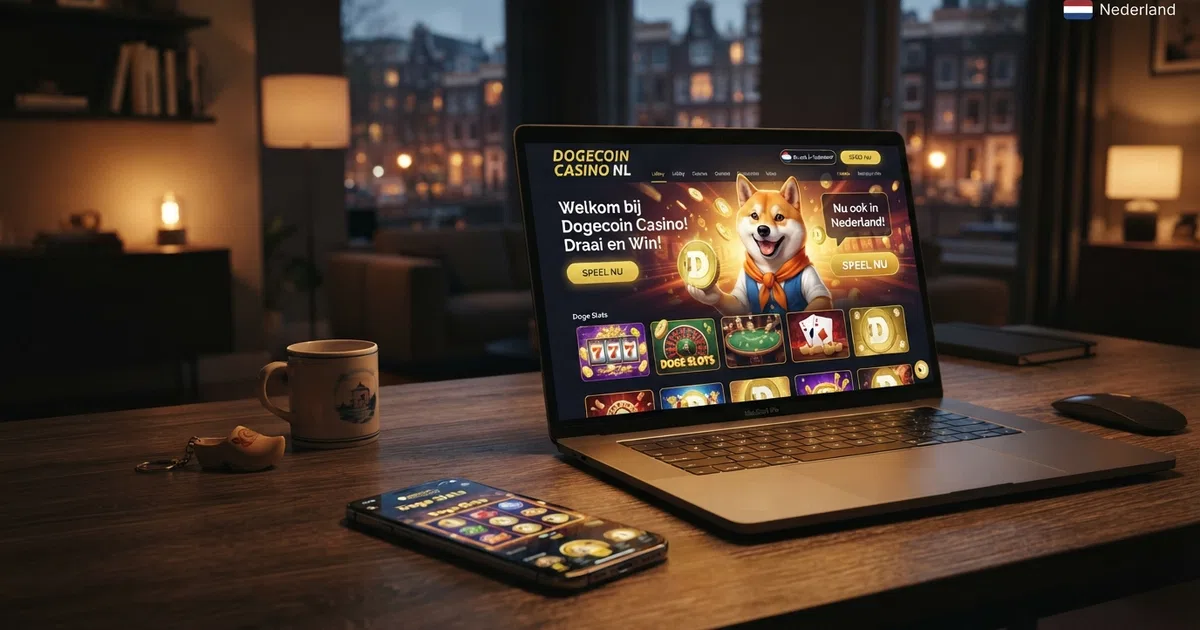 Een digitaal casino-interface met het Dogecoin-logo en Shiba Inu-mascotte op een smartphone- en laptopscherm, tegen een donkere tech-achtergrond