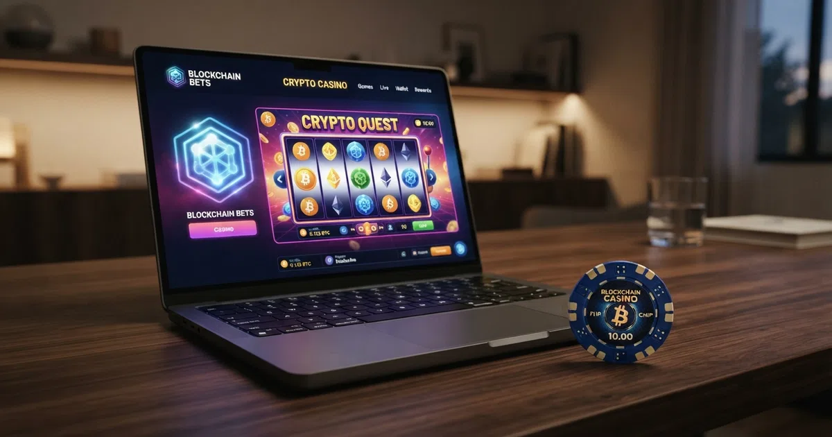 Een overzicht van crypto casino-interface op een laptopscherm met Ethereum-logo en casinospellen op de achtergrond