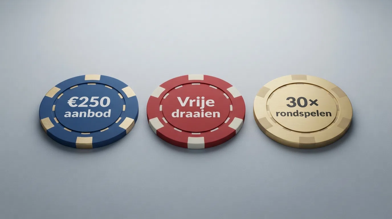 Overzicht van bonuskaarten van Nederlandse online casino's met hun bonusbedragen en rondspeelvoorwaarden