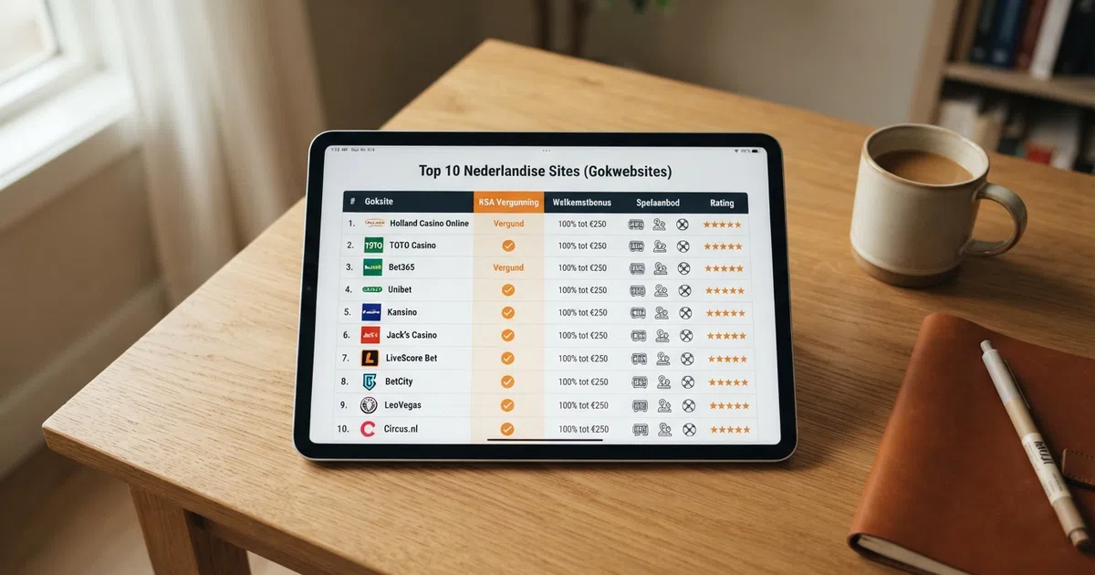 Een overzichtelijke vergelijkingstabel van de top 10 Nederlandse goksites met kolommen voor vergunning, bonus en spelaanbod