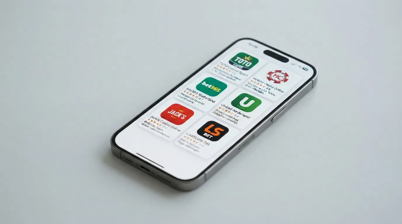 Een vergelijkend overzicht van casino-app-iconen op een iPhone-scherm, met beoordelingssterren en kenmerken naast elkaar