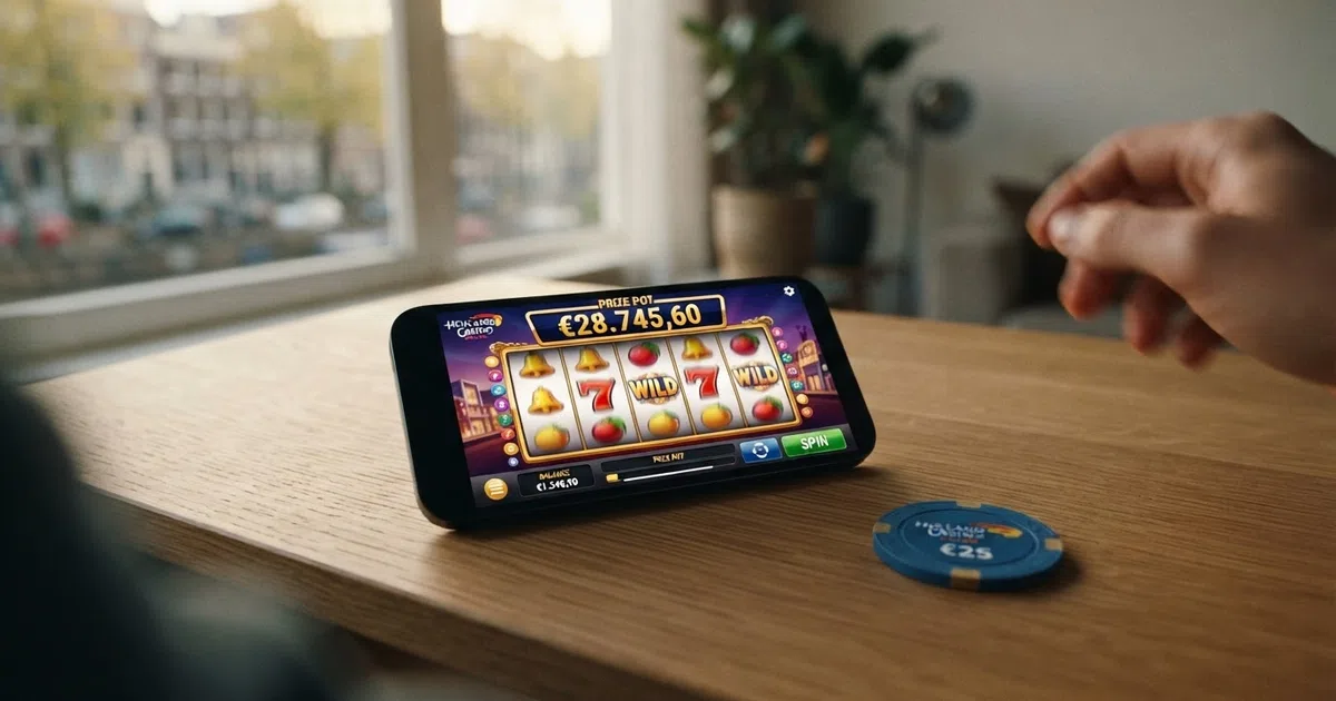 Een progressieve jackpot-gokkast met een oplopende prijzenpot in beeld, op een scherm van een Nederlands online casino