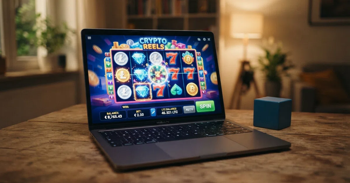 Een laptopscherm met daarop een Litecoin-casino-interface: het Litecoin-logo naast een kleurrijk slots-spel met zichtbare LTC-saldo-weergave
