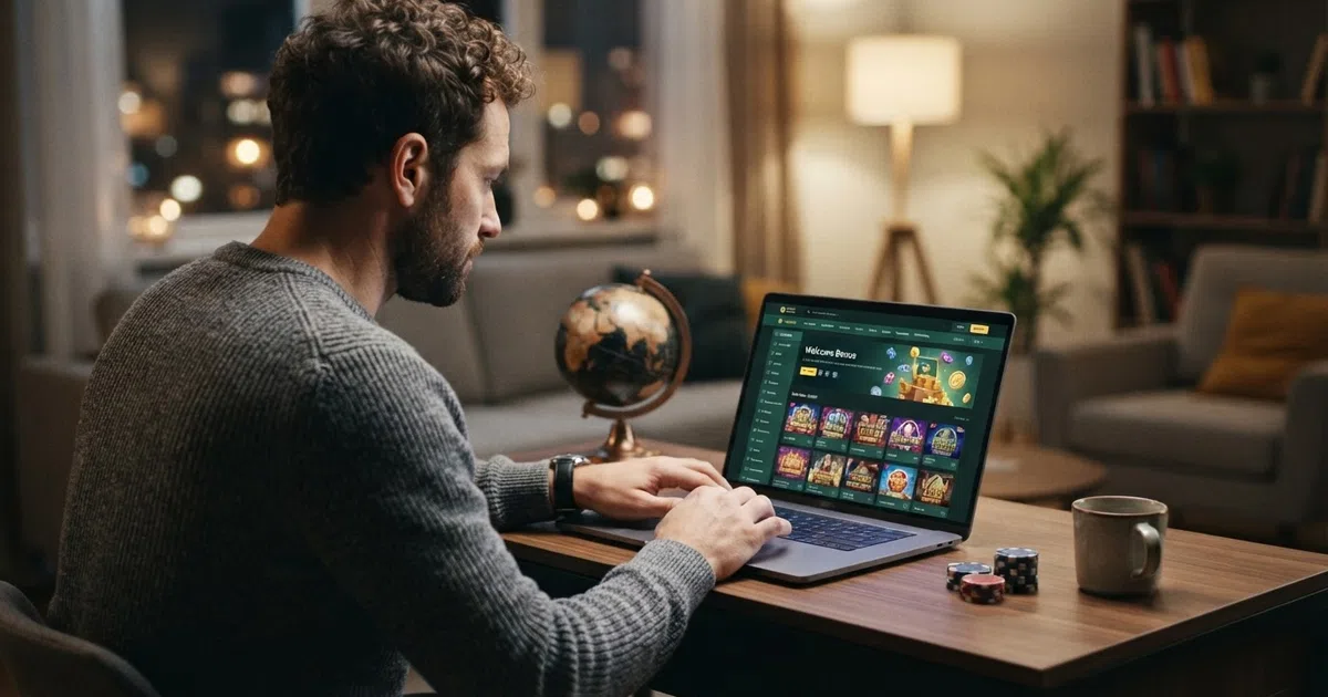Een Nederlandse speler kijkt naar een vergelijking van online casino's op zijn laptopscherm, met een wereldbol en kansspelkaarten in beeld