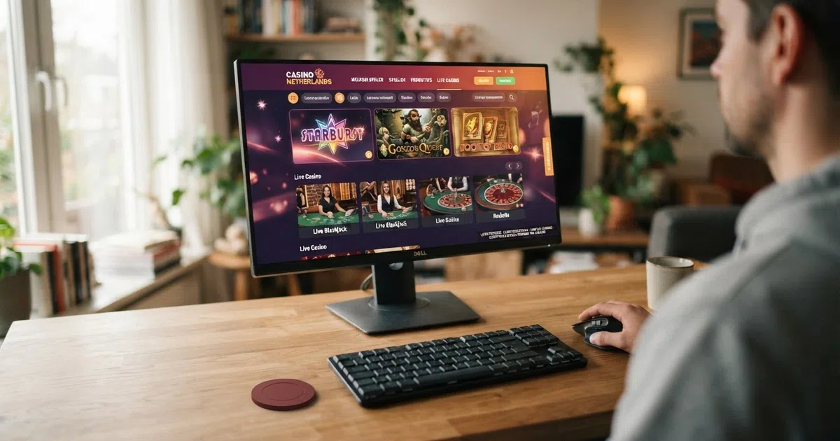Dashboard van een online casino met Curaçao-licentie, met spelaanbod en CGA-logo zichtbaar op desktop
