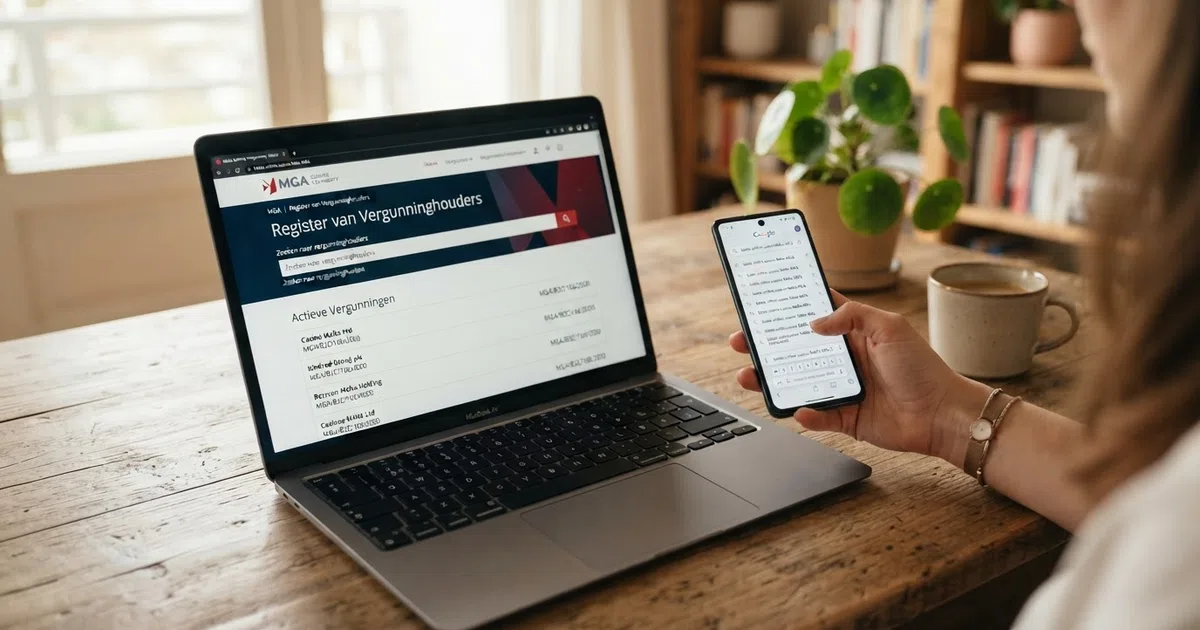 Een laptopscherm toont de homepage van de Malta Gaming Authority met het licentieregister zichtbaar naast een Nederlandse casino-zoekopdracht