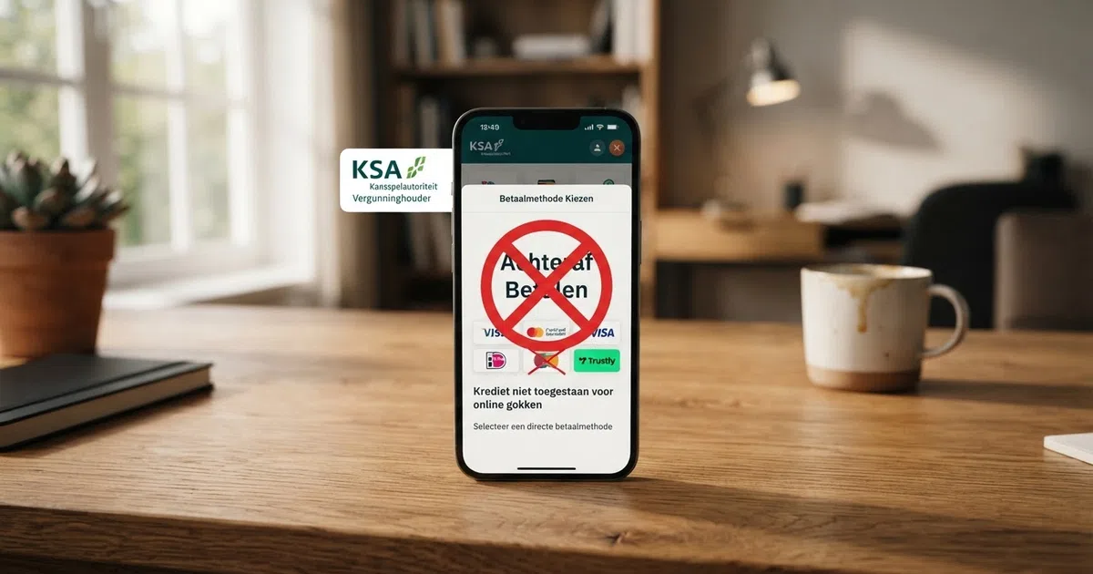 Een smartphone met het KSA-logo en een rood kruis door het woord “Afterpay” — de boodschap dat deze combinatie niet bestaat in het legale circuit