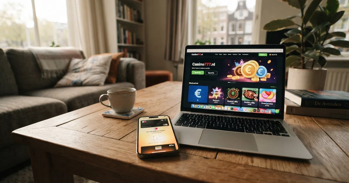 Een iPhone toont het betaalscherm van Apple Pay naast het logo van een online casino, met een rood kruis dat aangeeft dat de koppeling in Nederland niet beschikbaar is