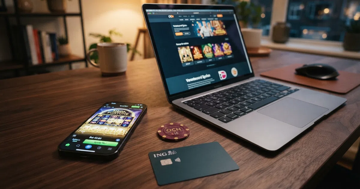 Een smartphone met het AstroPay-logo op het scherm naast een open laptop die een online casino toont, een pinpas ligt ernaast op een bureaublad