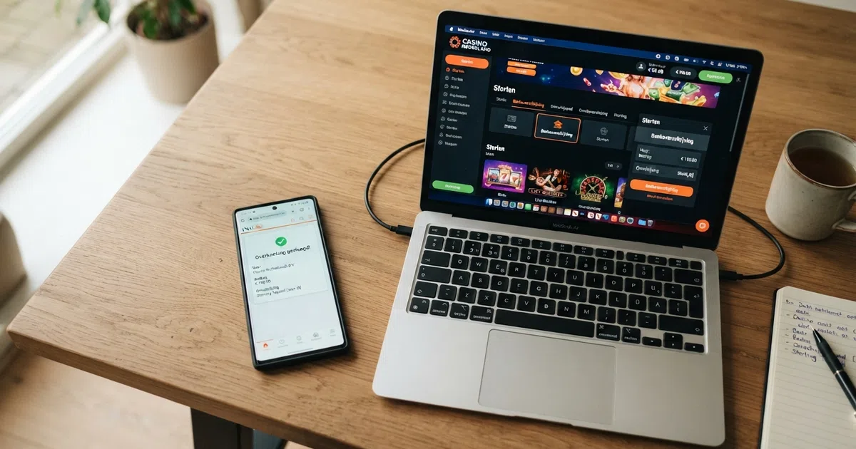 Een smartphone met daarop de banking-app van een Nederlandse bank, naast een laptop met een online casino op het scherm, met een SEPA-overschrijvingsbevestiging in beeld