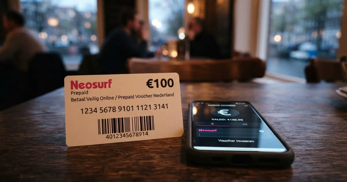 Een close-up van een CashtoCode-betaalvoucher met een 20-cijferige code en een barcode, naast een smartphone met een geopende casinokassapagina