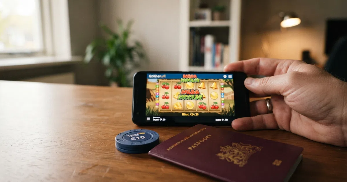 Creditcard en smartphone met een online casino op het scherm, naast een Nederlands paspoort als symbool voor de KSA-identificatieplicht