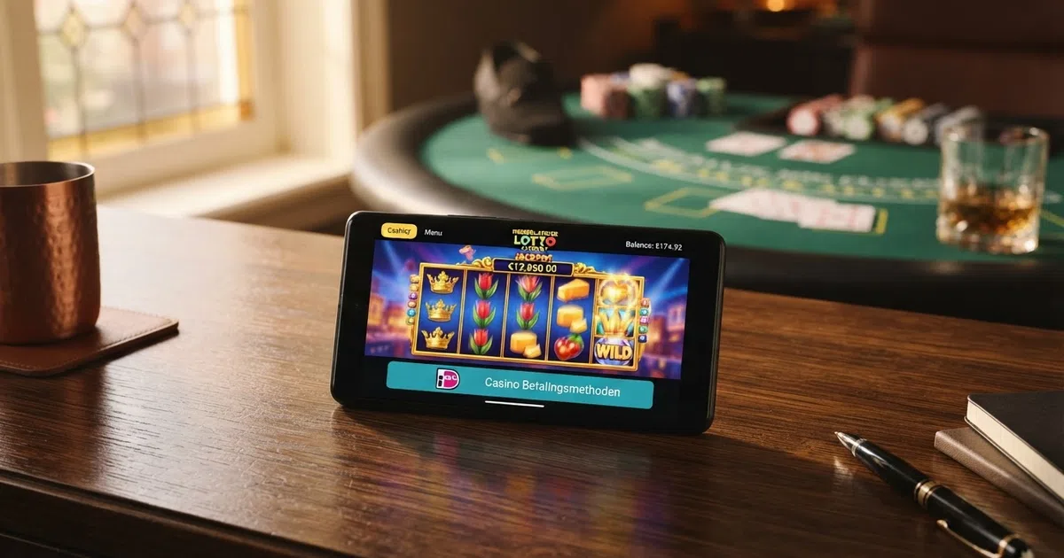 Het ecoPayz-logo op een smartphone naast een Nederlands casino-interface, met een slot op de achtergrond