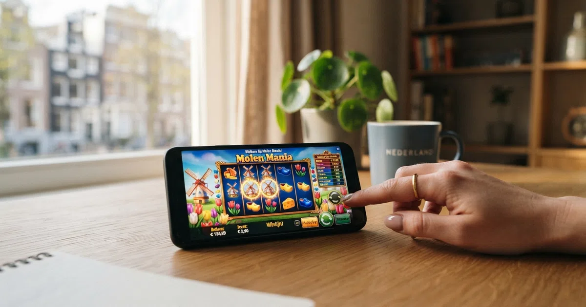 Een smartphone met het Google Pay-logo naast een online casino-interface op een scherm, met een biometrische vingerafdruk-bevestiging zichtbaar.