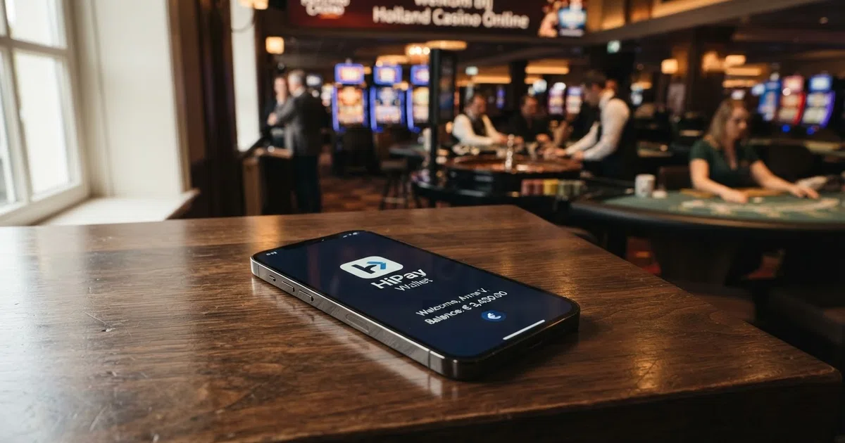 Een smartphone toont het HIPAY Wallet-icoon met op de achtergrond het startschema van een Nederlands online casino