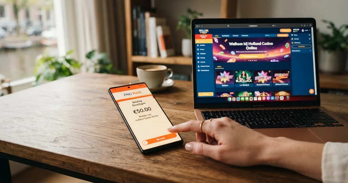 Een smartphone met het iDEAL-betaalscherm van een Nederlandse bank naast het spelaanbod van een online casino op een laptopscherm