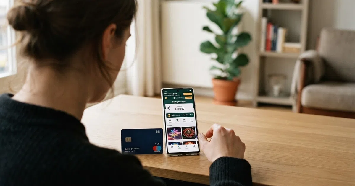 Een Nederlandse speler die op zijn smartphone een Mastercard-kaart naast een casino-interface bekijkt, met het KSA-logo zichtbaar op het scherm