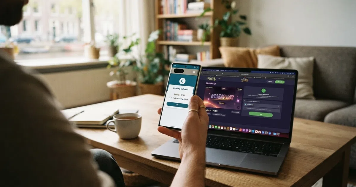 Een smartphone met de MuchBetter-app geopend naast een online casino-interface op een laptopscherm.