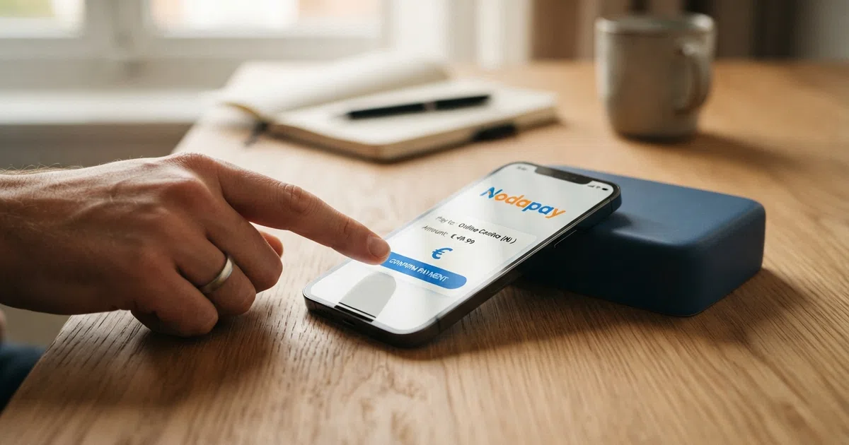 Een smartphone met daarop het Nodapay-betaalscherm naast het logo van een Nederlands online casino