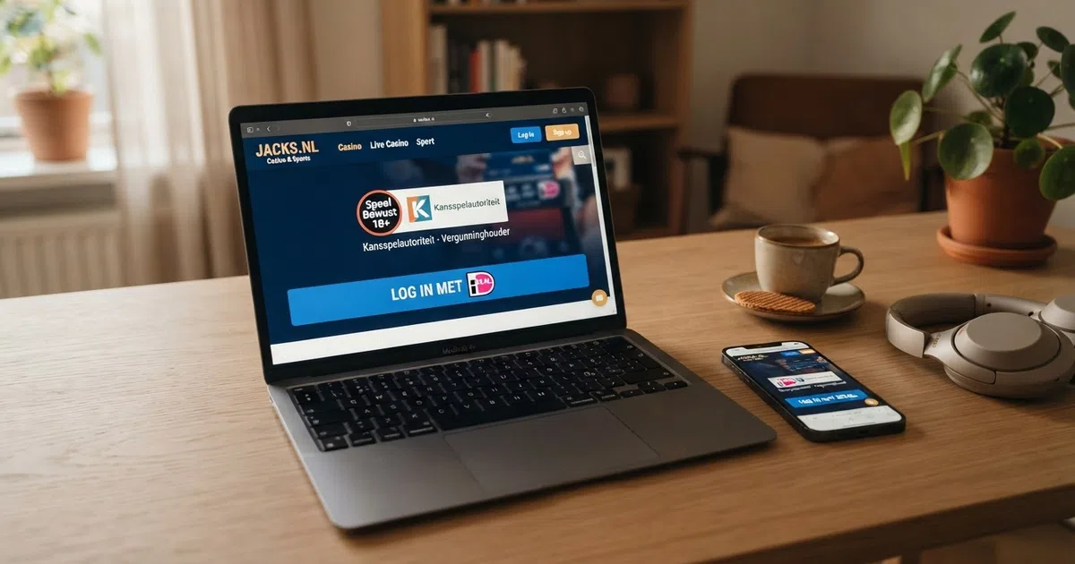 Een laptop en smartphone met een Nederlands casino-startscherm waarop een bankkoppeling en een KSA-logo zichtbaar zijn
