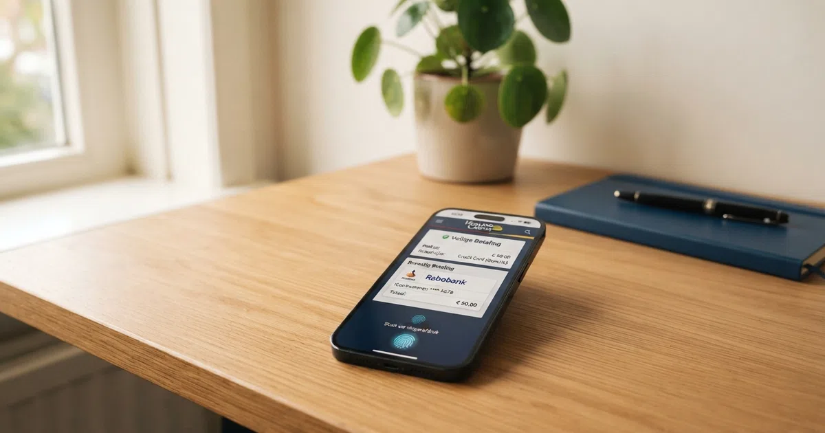 Een smartphone toont de betaalpagina van een online casino met Revolut als geselecteerde optie tussen Visa en Mastercard