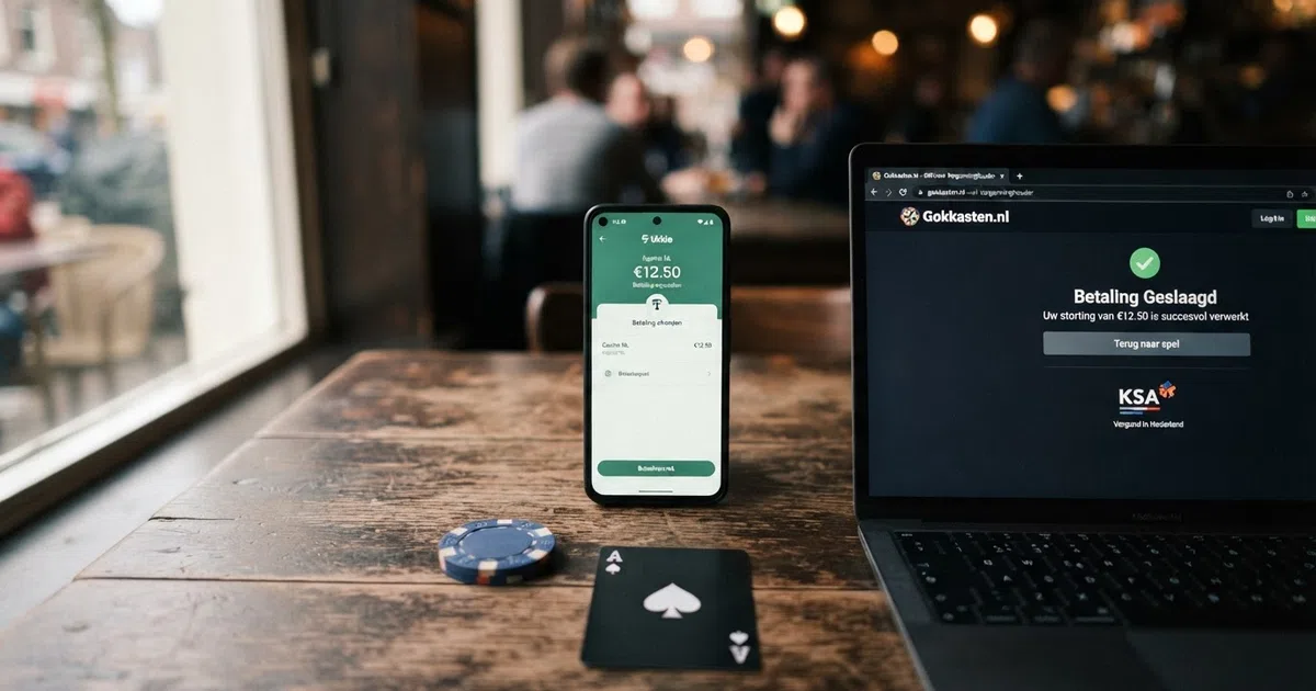 Een smartphone toont de Tikkie-app naast het iDEAL-betaalscherm van een Nederlands online casino, met een speelkaart en casino-chips op de achtergrond